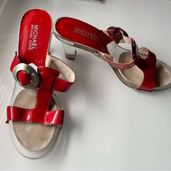 Michael Kors• Red Leather Sandals Platform Heels Silver Buckled Clear Heel - Picture 2 of 13